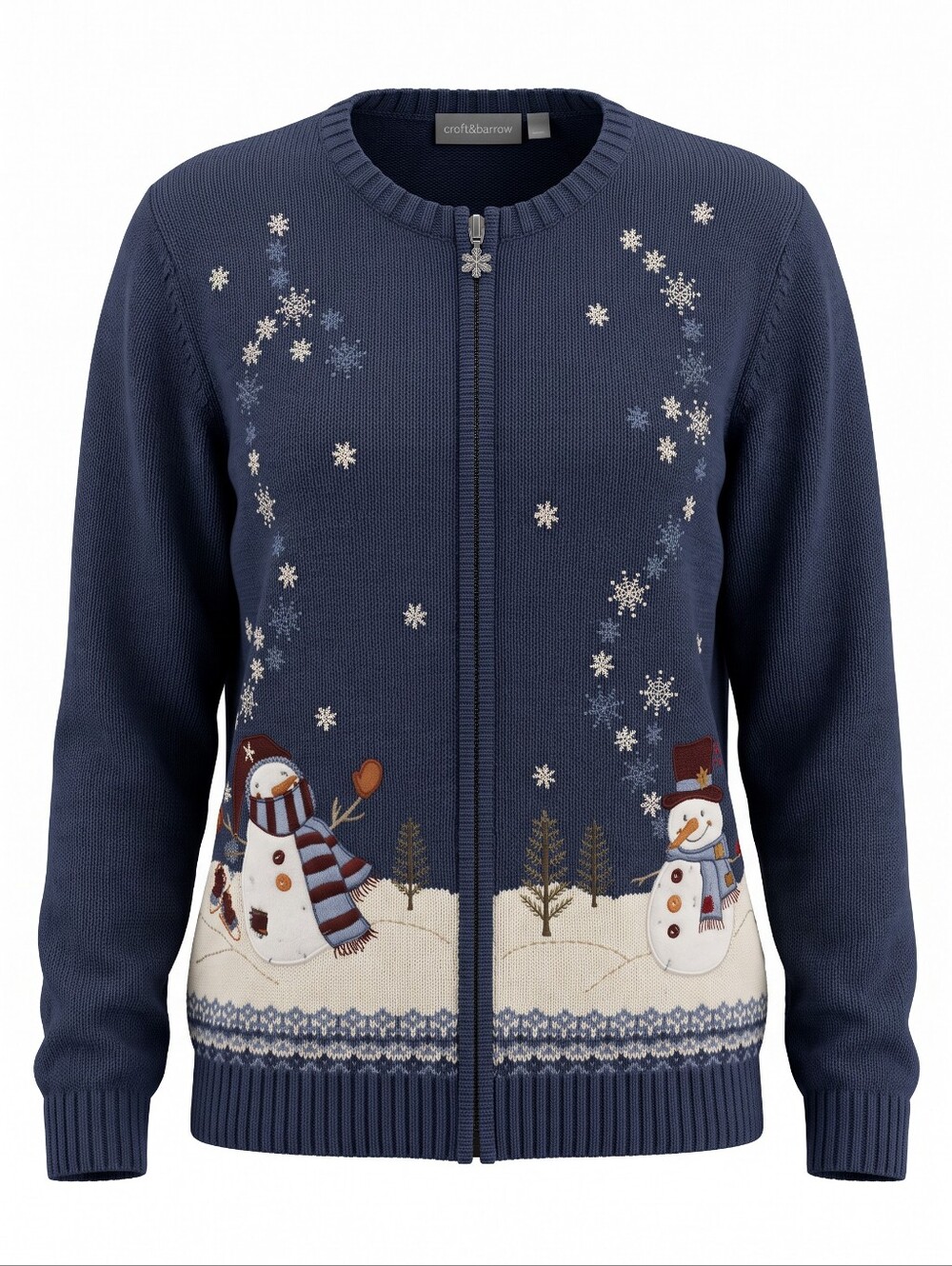 croft & barrow Navy Snowman Zip Cardigan with Snowflake Embroidery Holidsy